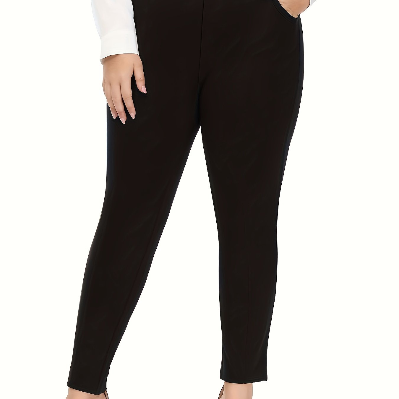 Women's Plus Solid Elastic Stretch Trousers With Pockets