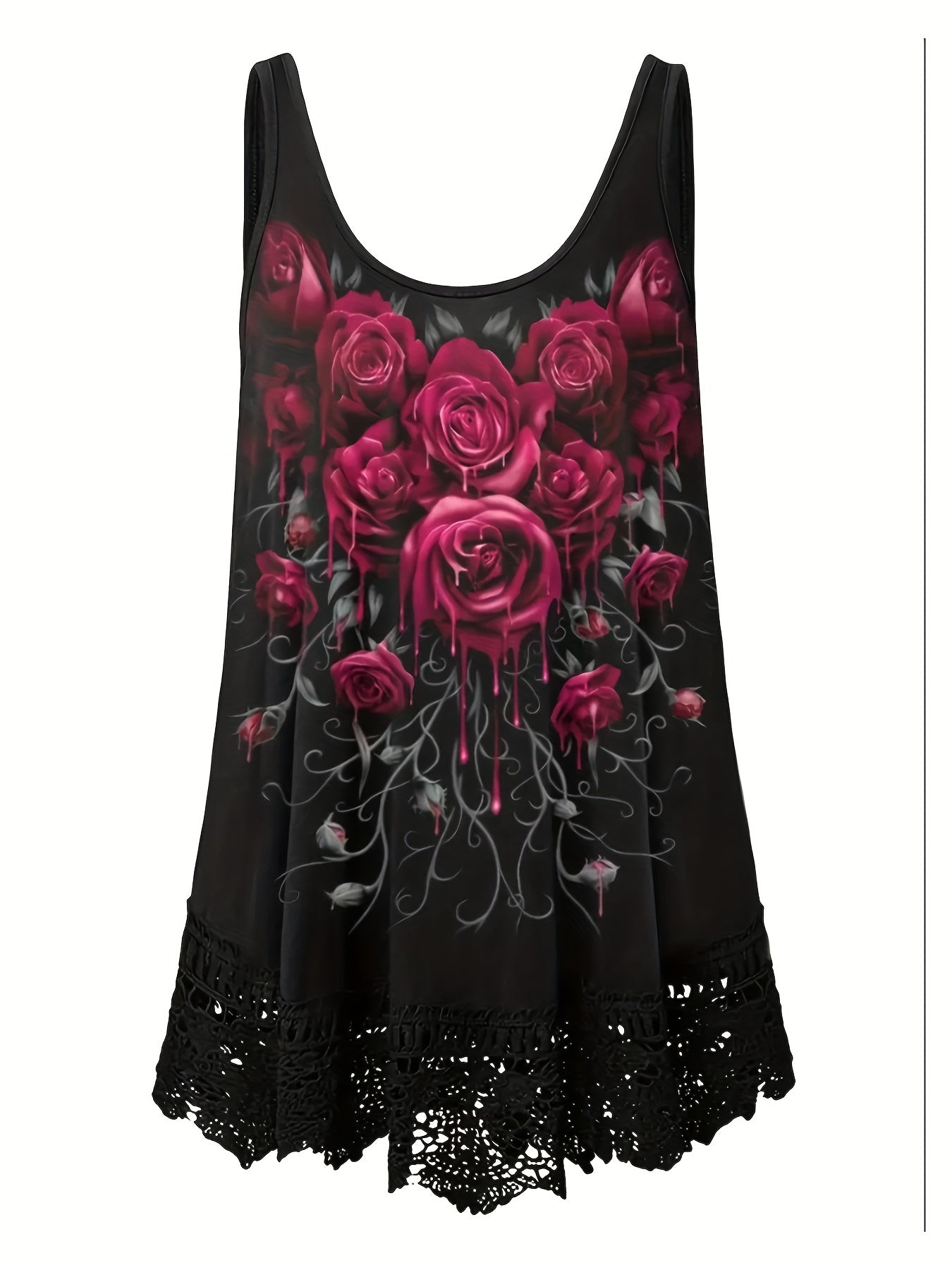 Rose Print Lace Trim Tank Top Sleeveless Summer Casual Women's Clothing