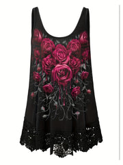 Rose Print Lace Trim Tank Top Sleeveless Summer Casual Women's Clothing