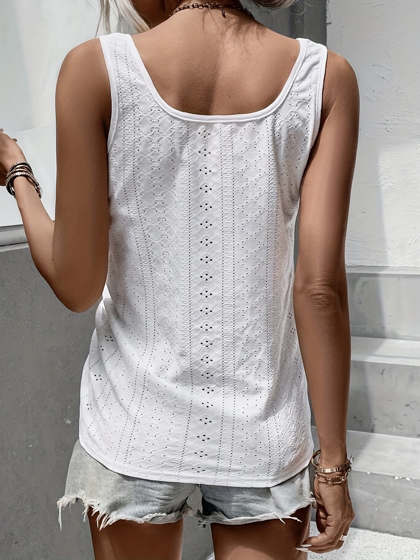  Eyelet Embroidery Tank Top Round Neck Ruched Side