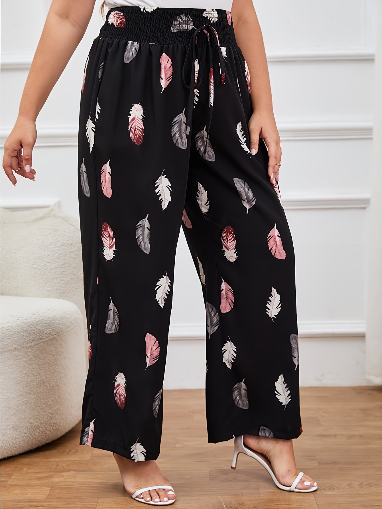 Feather Print Wide Leg Trousers