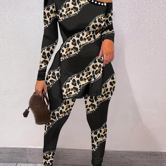 Leopard Patchwork Print Two-piece Set Cold Shoulder Split T-shirt & Casual Pants