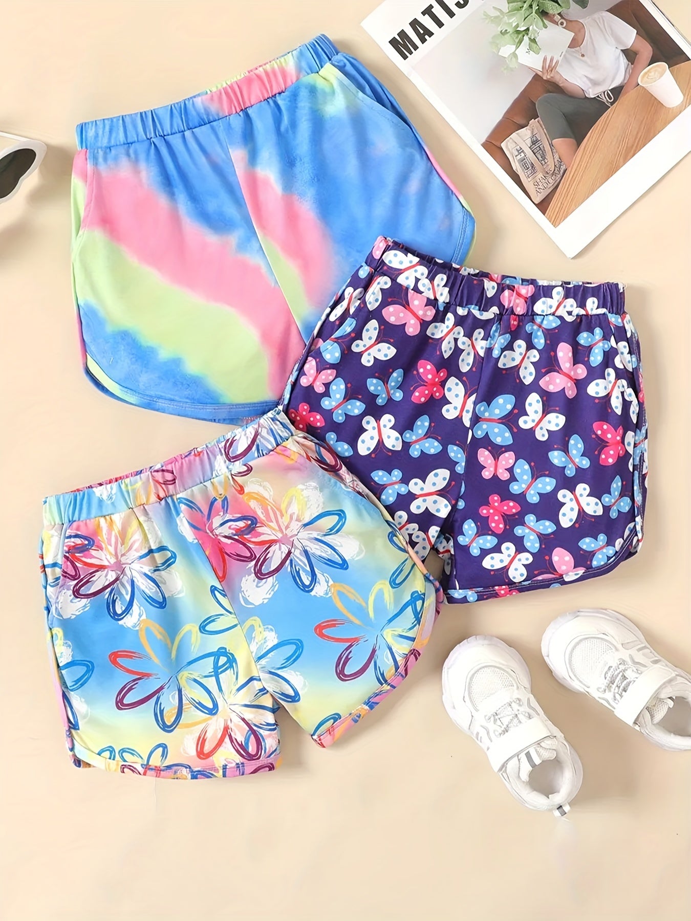 Kid Girls Tie Dye Floral & Butterfly Print Casual Shorts