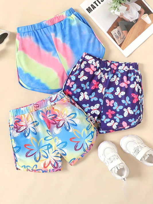 Kid Girls Tie Dye Floral & Butterfly Print Casual Shorts