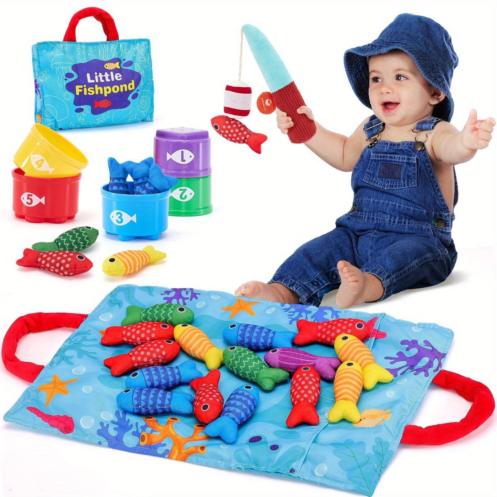 Toddler Cloth Fishing Game Gift 10-in-1 with Stacking Cups Counting Sorting