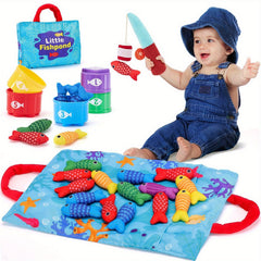 Toddler Cloth Fishing Game Gift 10-in-1 with Stacking Cups Counting Sorting