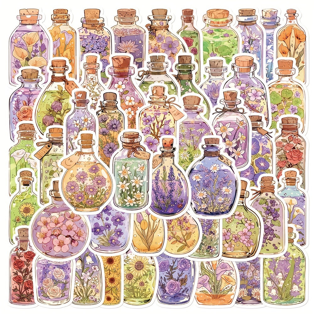 50pcs Floral Glass Bottle Stickers Self Adhesive Decals for Electronics
