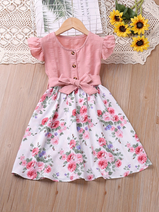 Toddler Girls Ruffle Trim Button Flowers Graphic Princess Dress