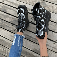 Women's Bat Pattern Platform Boots Punk Style Lace Up Ankle Boots