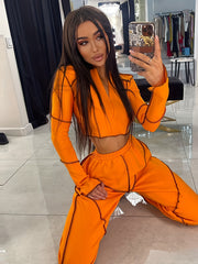 Y2K Top Stitching 2pc Set Zip Crop Top & Elastic Jogger Pants