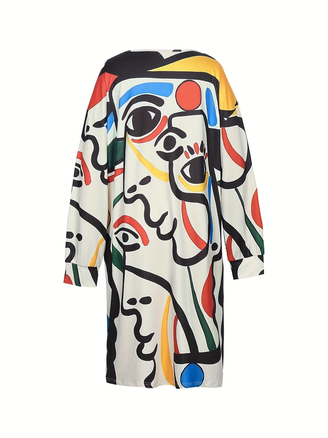  Abstract Figure Print V Neck Dress With Pockets