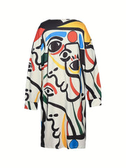  Abstract Figure Print V Neck Dress With Pockets