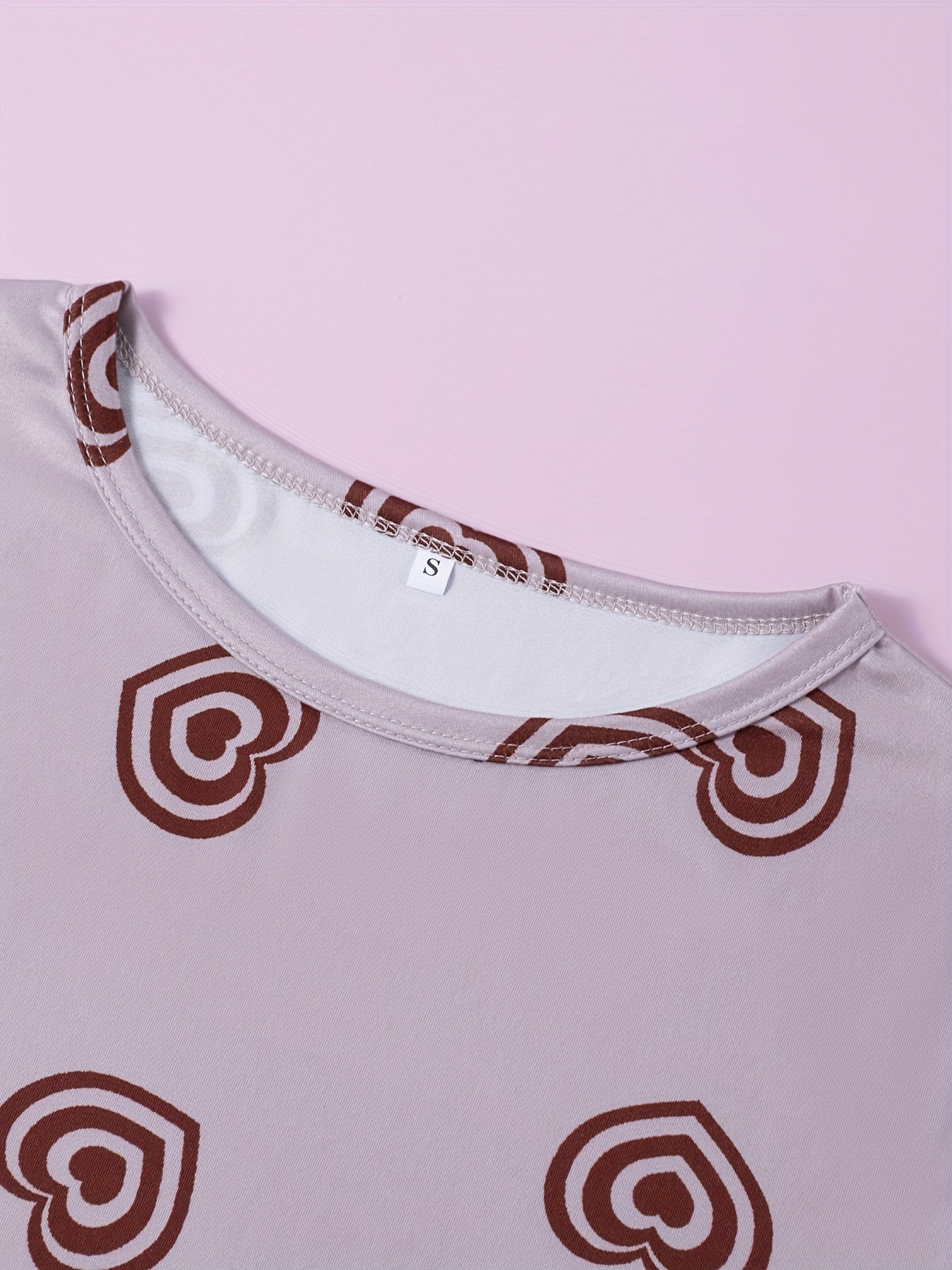 Heart Print Pajama Set Short Sleeve Crew Neck Top & Lounge Pants