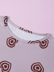 Heart Print Pajama Set Short Sleeve Crew Neck Top & Lounge Pants