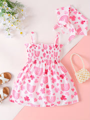 Girls Flower & Rainbow Frill Trim Shirred Dress & Headband Set