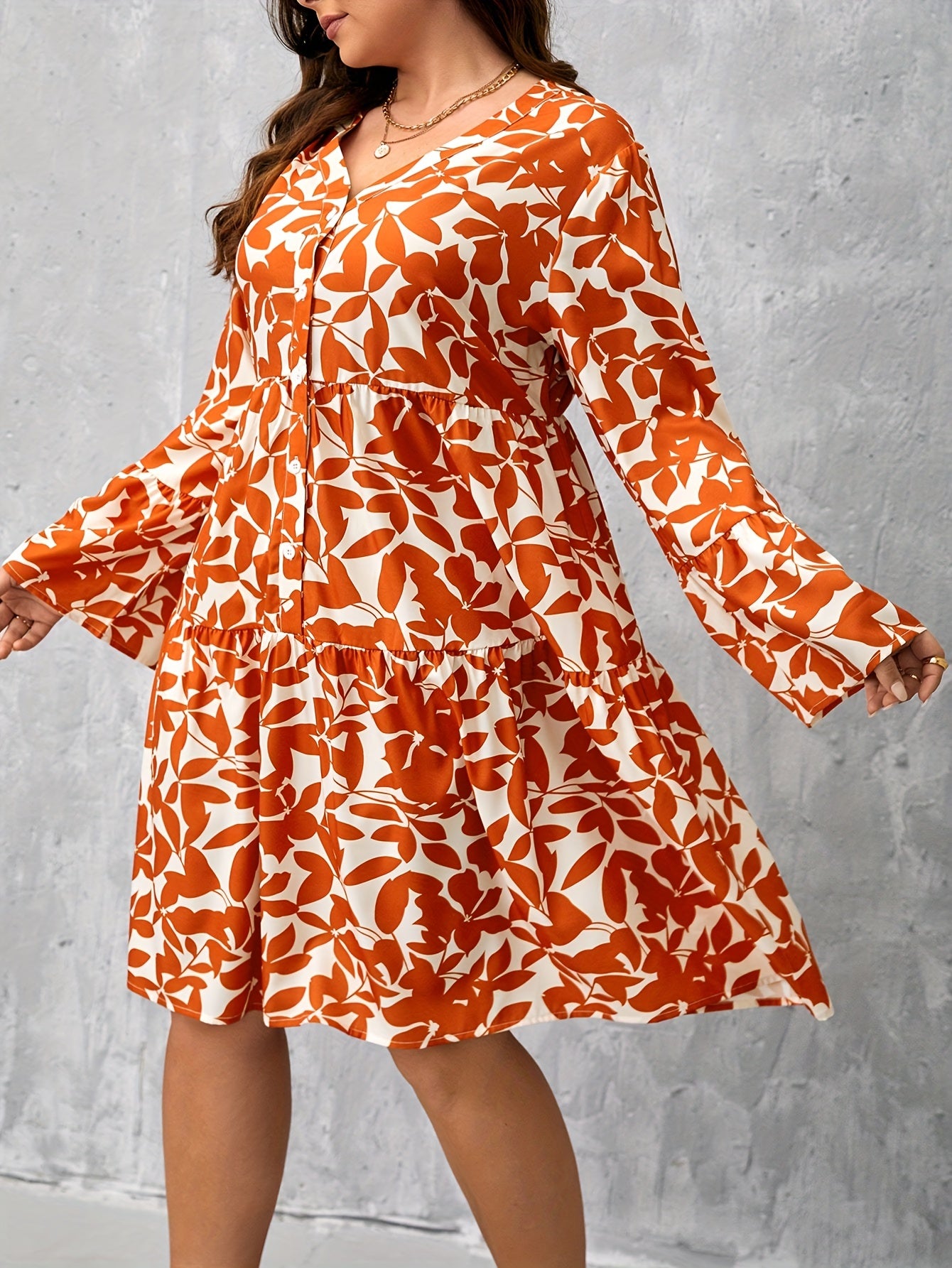  Leaf Print Button Up Long Sleeve V Neck Dress