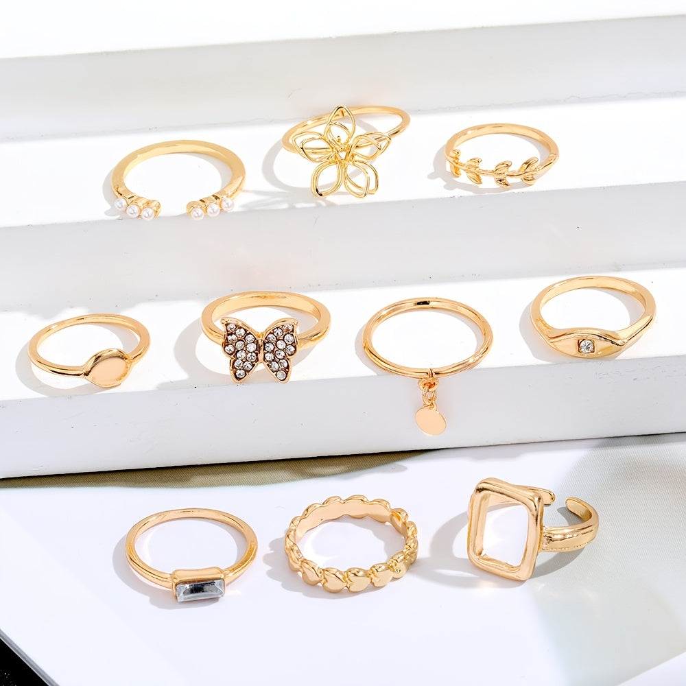 23pcs Exaggerated Flower Butterfly Rhinestone Pearl Ring Set Women's Joint Ring