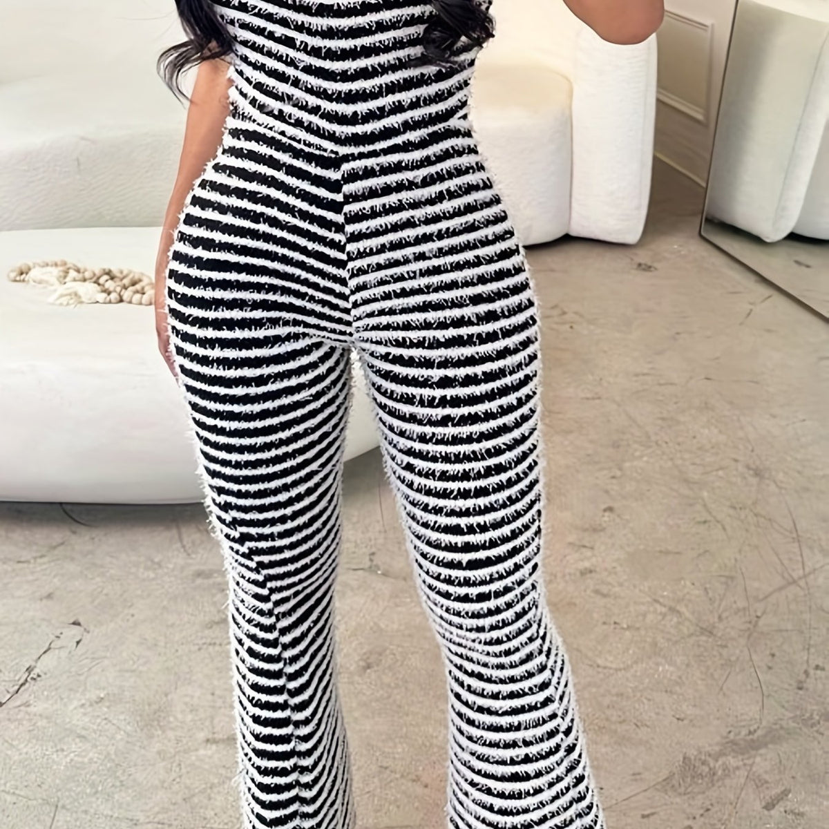 Striped Flare Leg Jumpsuit Backless Casual Slim Fit Jumpsuit