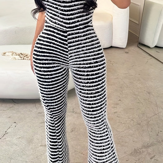 Striped Flare Leg Jumpsuit Backless Casual Slim Fit Jumpsuit