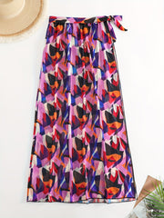 Geometric Print Tie Side Split Cover Up Skirt Semi Sheer Mesh Maxi Beach Wrap