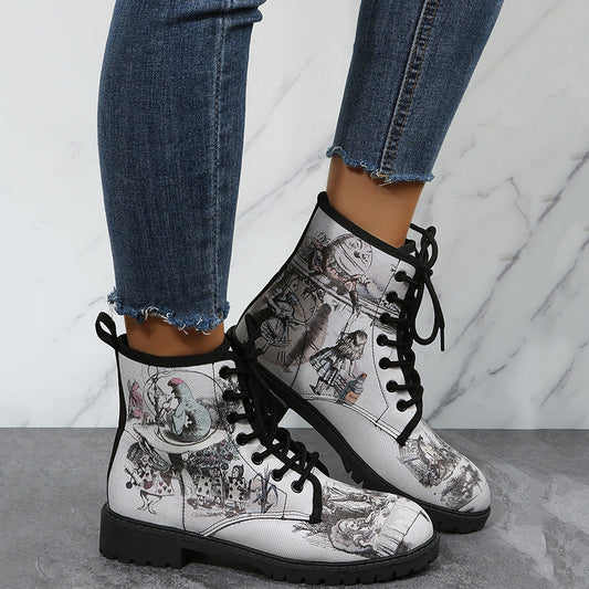 Gothic Style Print Ankle Boots Chunky Low Heel Lace Up Round Toe Combat Shoes