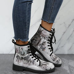 Gothic Style Print Ankle Boots Chunky Low Heel Lace Up Round Toe Combat Shoes