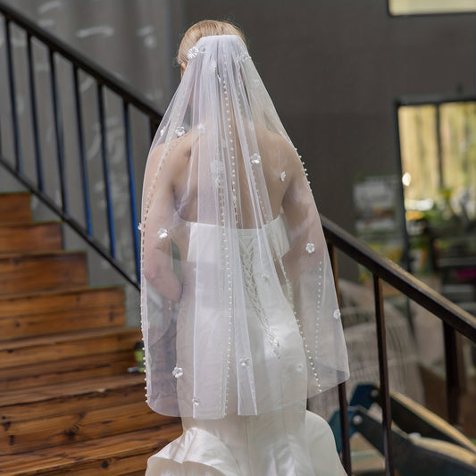 Baroque Wedding Veil With Comb Bride Floral Faux Pearl Long Veil