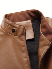 Men's Retro Biker Jacket Stand Collar Zip Up Warm Coat