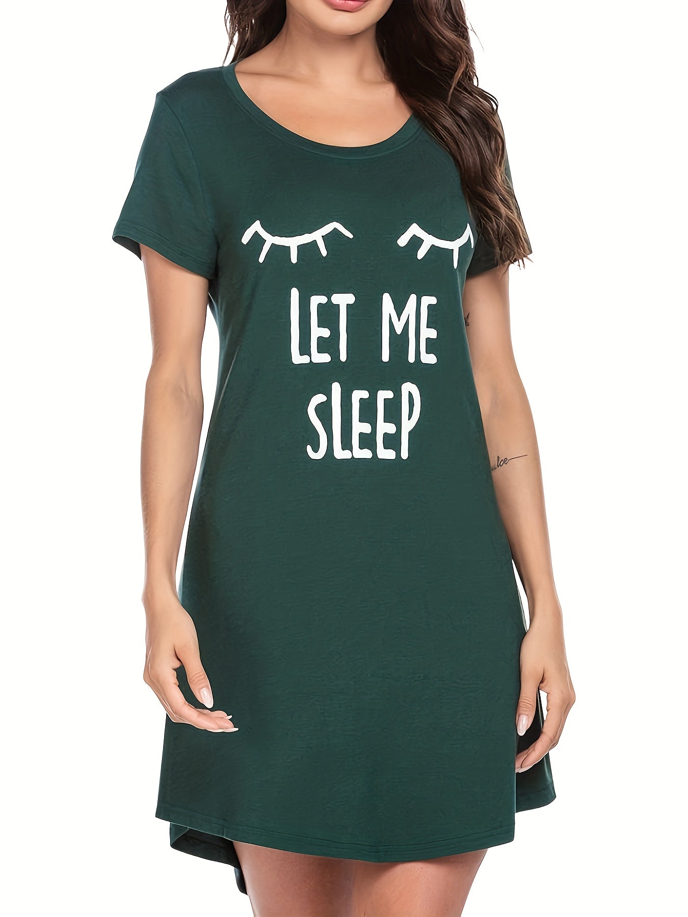 Letter Print NightDress Short Sleeve Crew Neck Pajama Dress