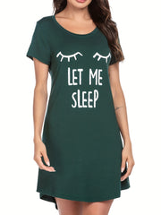 Letter Print NightDress Short Sleeve Crew Neck Pajama Dress