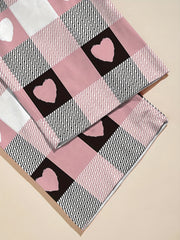 Heart & Letter Print Pajama Set Short Sleeve Tops & Plaid Print Elastic