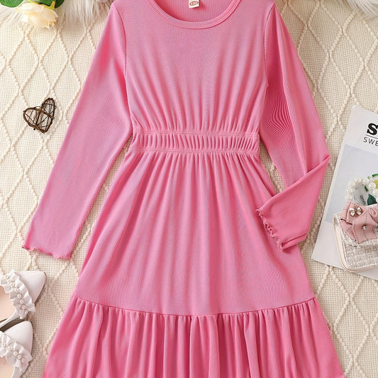 Kid Girls Stretch Rib Knit Long Sleeve Tunic Dress for Party Daily Casual Dress