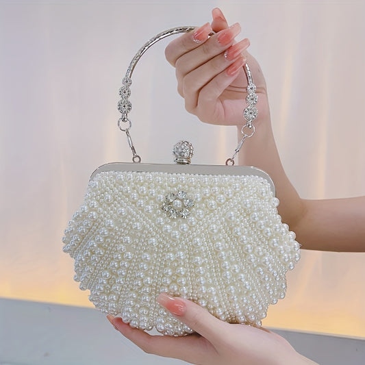 Faux Pearl & Diamond Clutch Bag Metal Chain Handbag