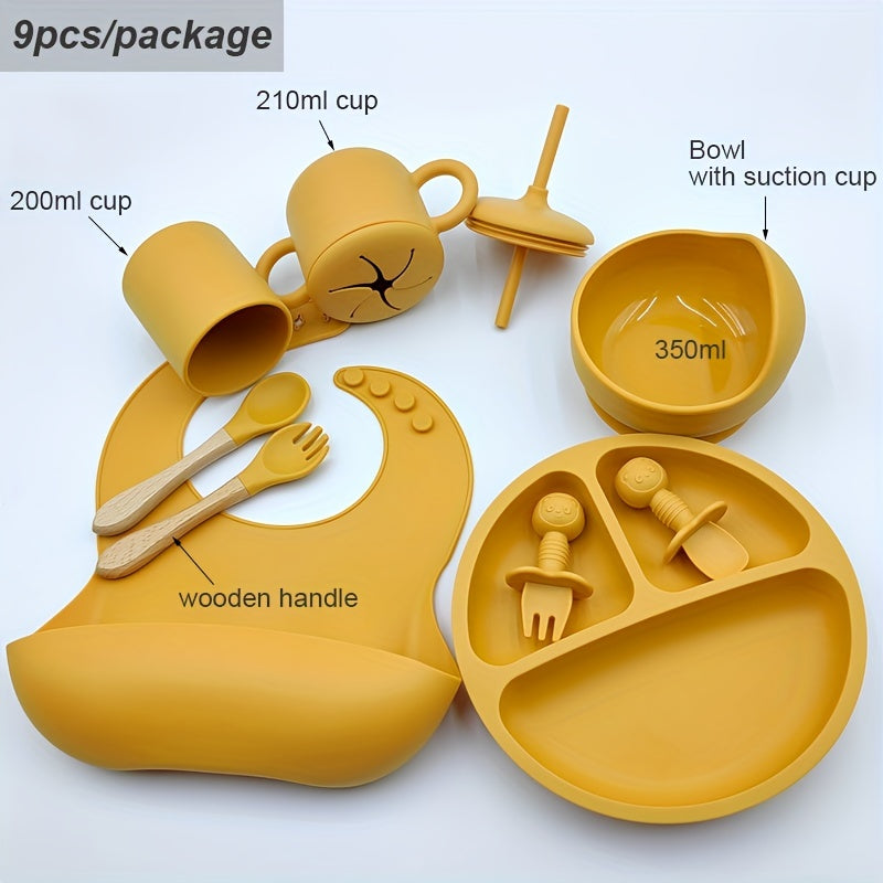 Infant Silicone Tableware Set 9 Pieces Training Spoon Fork Cup Plate