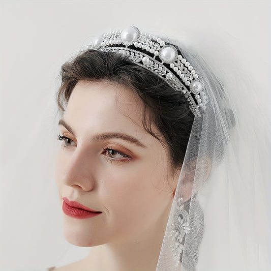 Crown Charm Hair Band Rhinestone & Pearl Headband for Bridal Wedding