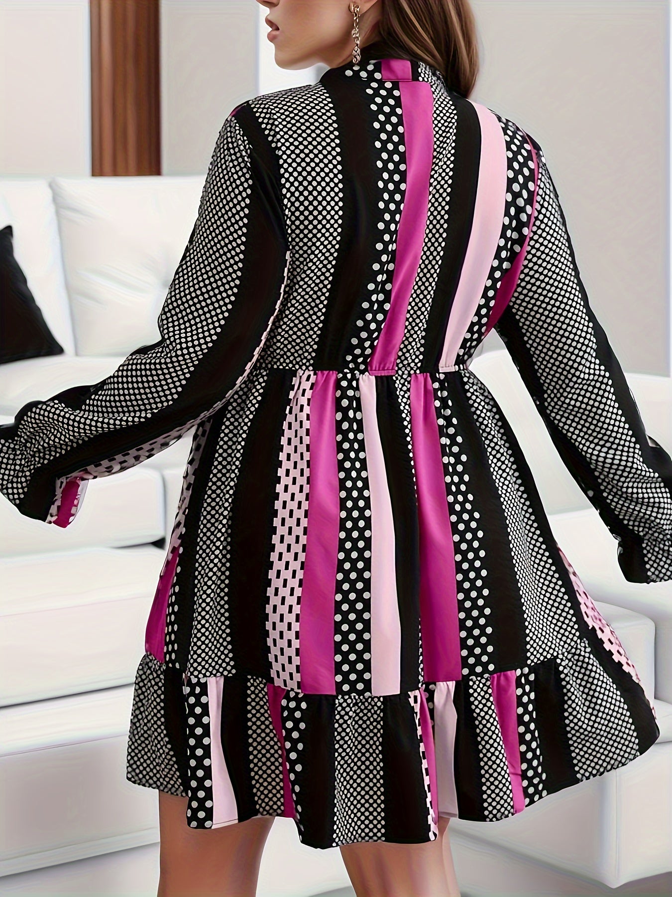  Colorblock Dot Print Lantern Sleeve Bow Knot Button Up Dress