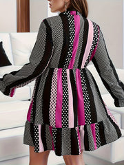 Colorblock Dot Print Lantern Sleeve Bow Knot Button Up Dress