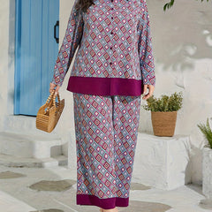  Geometric Print Blouse & Wide Leg Pants Set