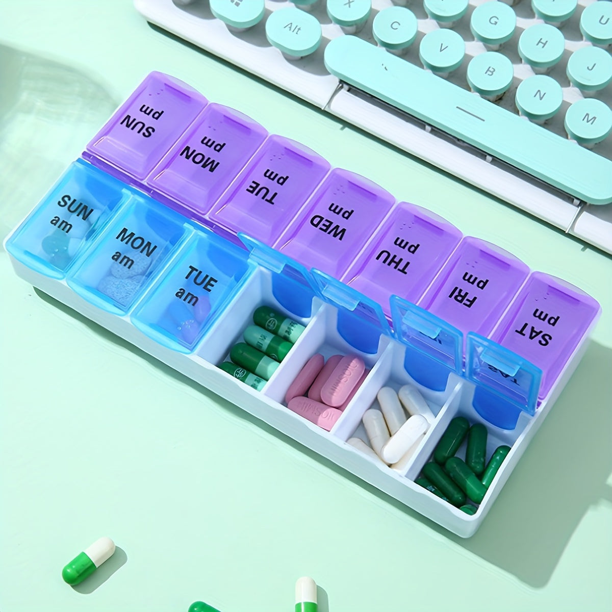 7 AM PM Pill Organizer 14 Compartments Braille Portable Weekly Medicine Box