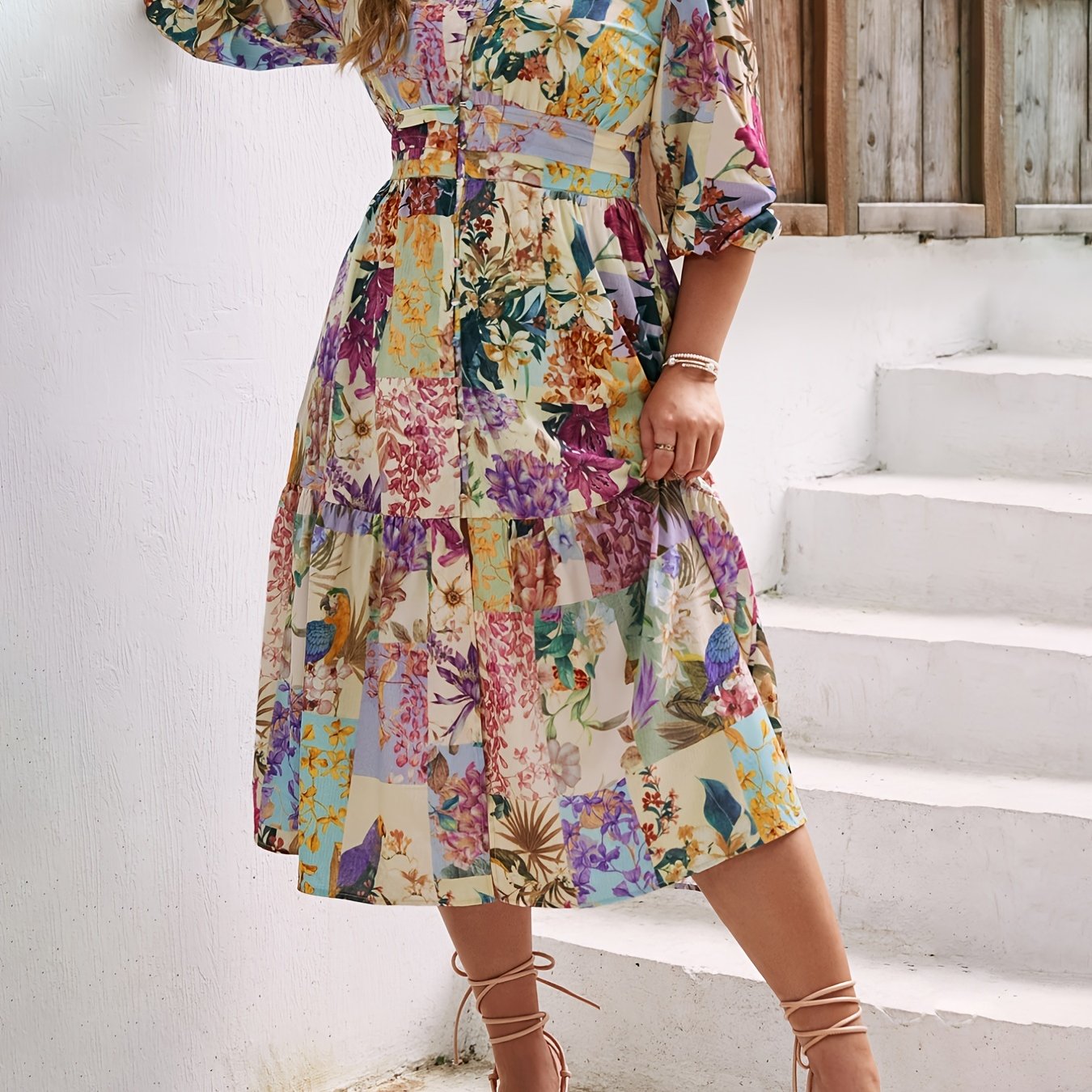 Floral Print V Neck Puff Sleeve Maxi Dress Women's Plus Size