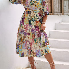 Floral Print V Neck Puff Sleeve Maxi Dress Women's Plus Size