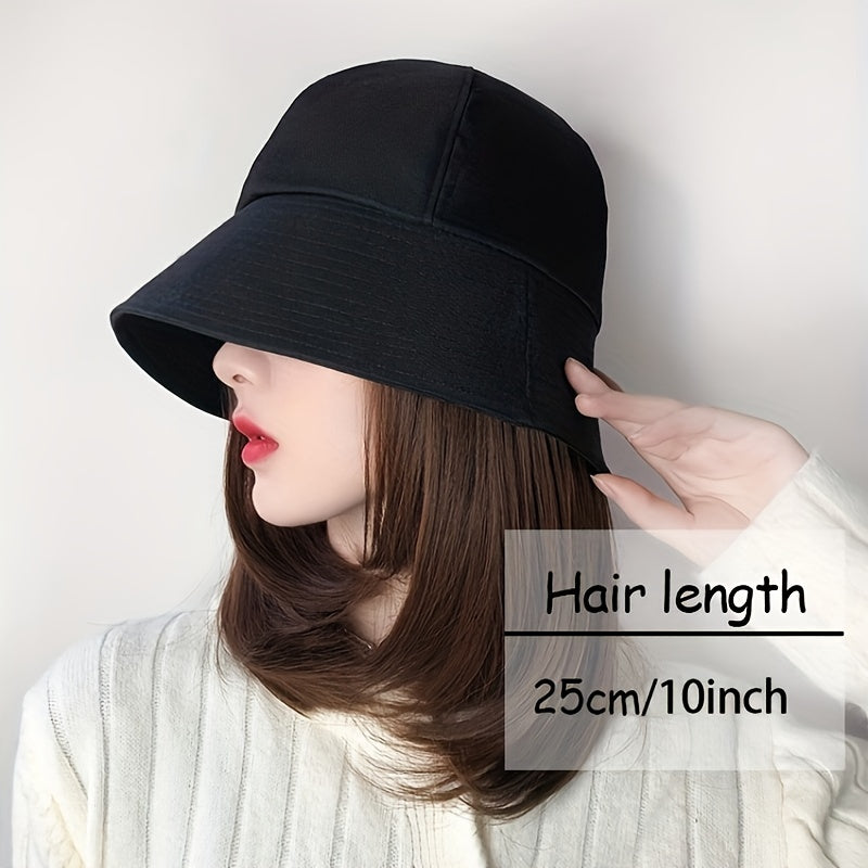 Women's Bucket Hat Wig Shoulder Length Curly Hair Solid Outdoor Sunscreen Hat