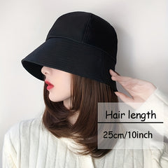 Women's Bucket Hat Wig Shoulder Length Curly Hair Solid Outdoor Sunscreen Hat