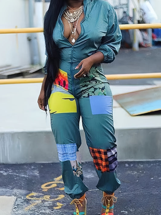  Colorblock Long Sleeve Mock Neck Jumpsuit