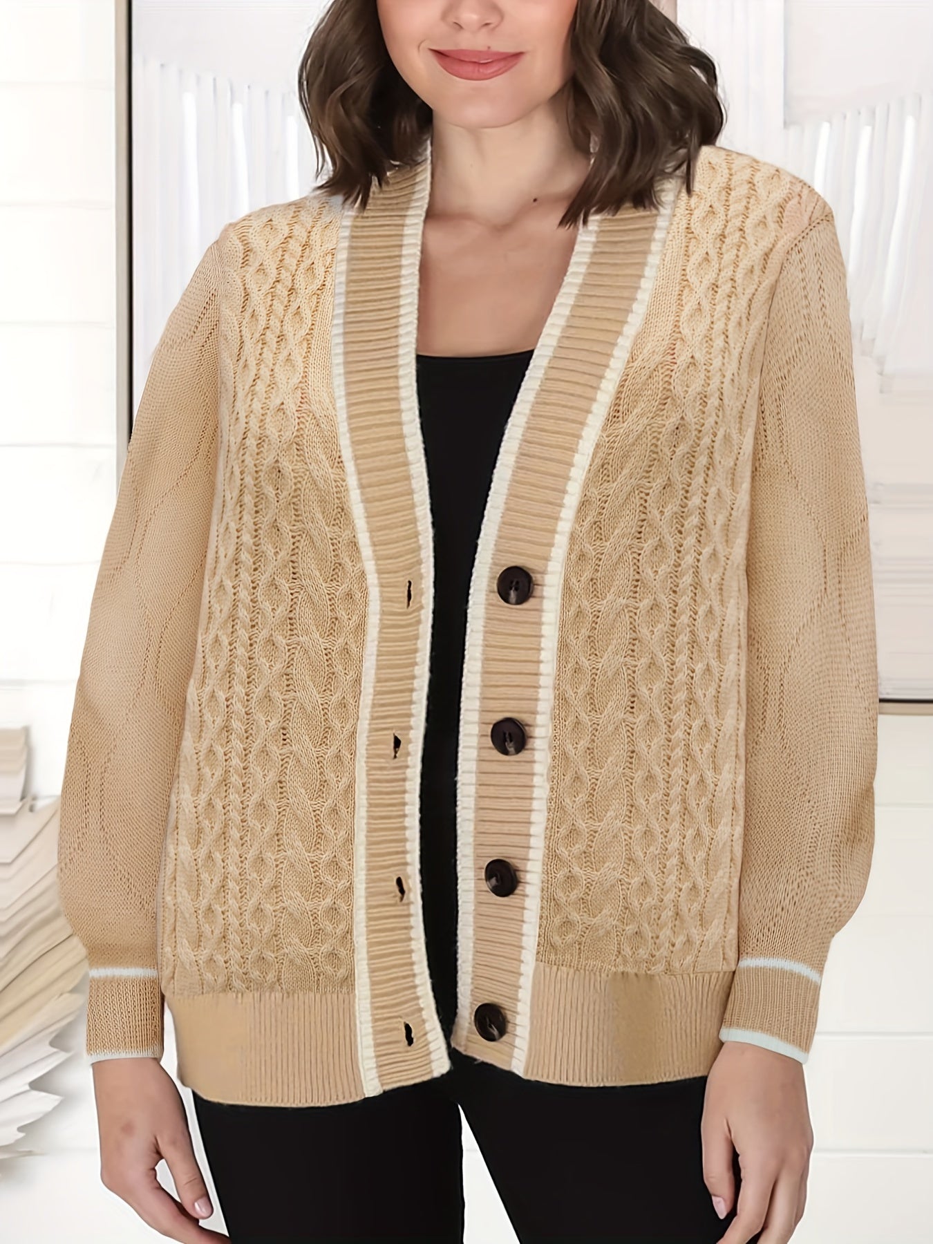 Women's Plus Knitted Button Up Long Sleeve Cardigan