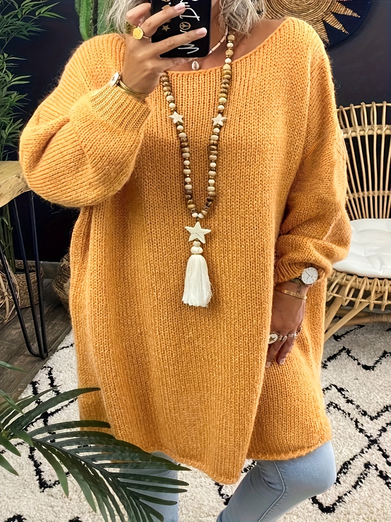  Solid Long Sleeve Crew Neck Sweater