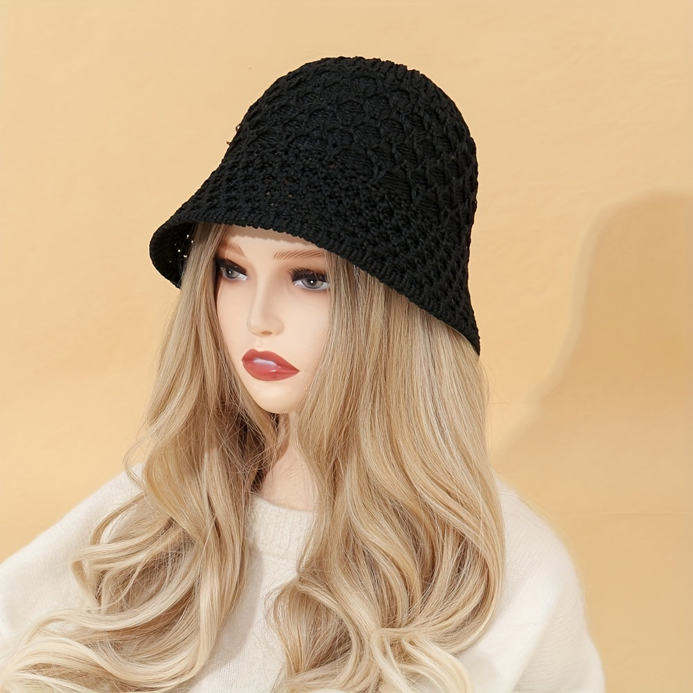 Hollow Crochet Bucket Hat Solid Breathable Sunscreen Cloche Hat