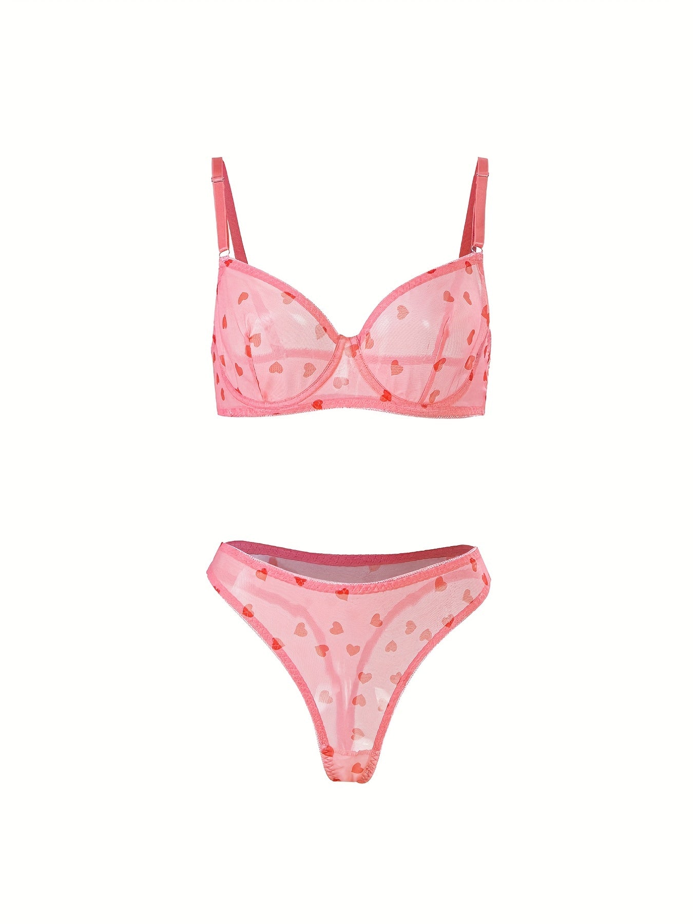  Heart Print Mesh Bra & Panty Lingerie Set