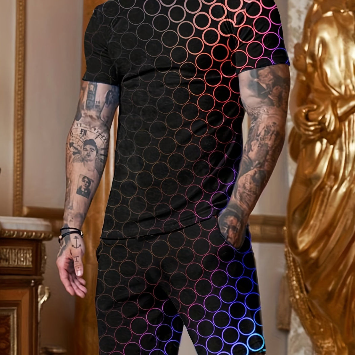 Men's Gradient Circle Graphic T shirt & Active Shorts Set