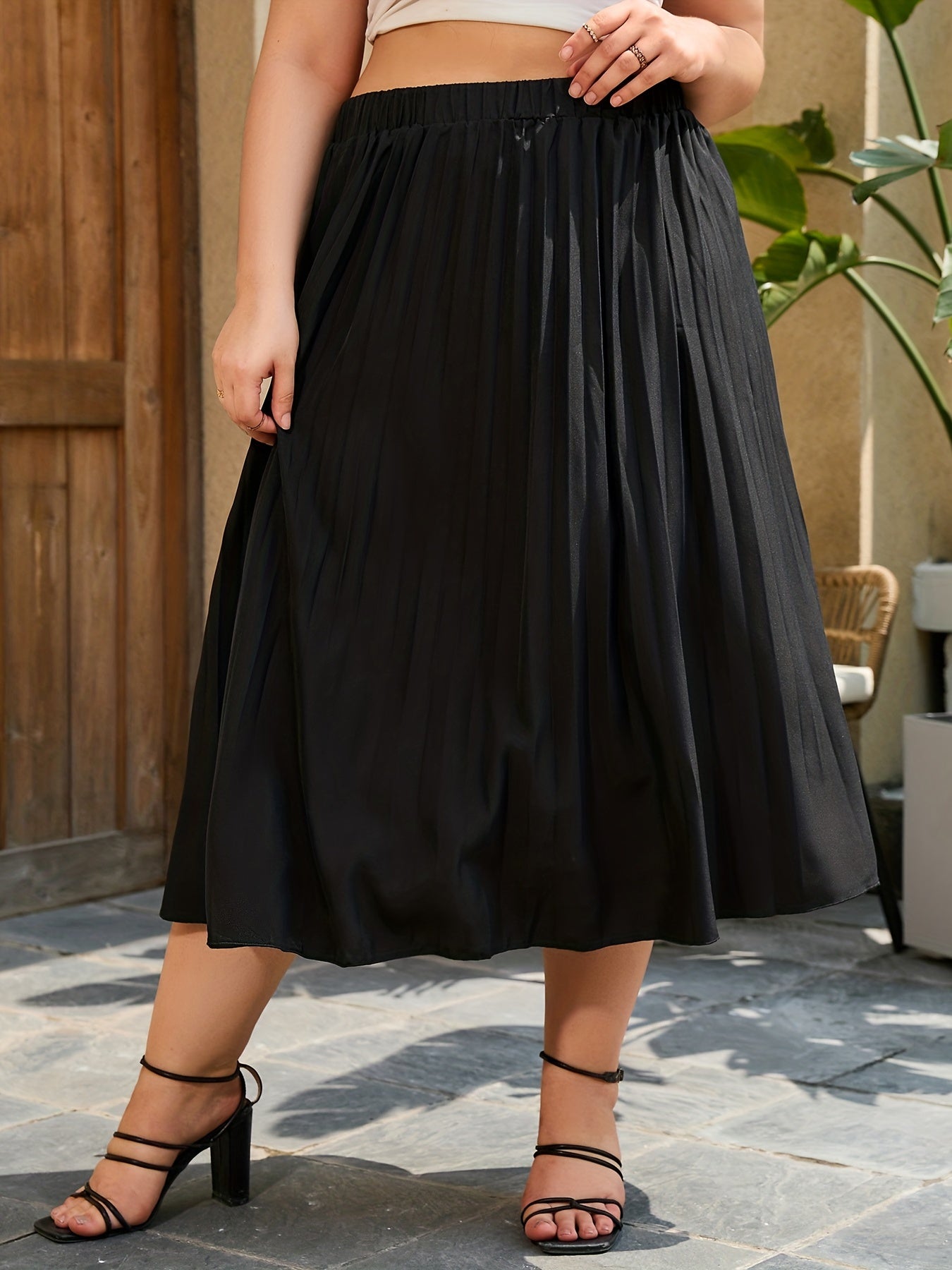  High Waisted Maxi Pleated Skirt Women's Plus Solid Slight Stretch Skir